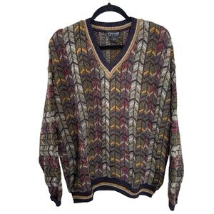 TOSANI Men's Vintage Coogi Style V-Neck 3D Textured Sweater Multicolor Pattern M